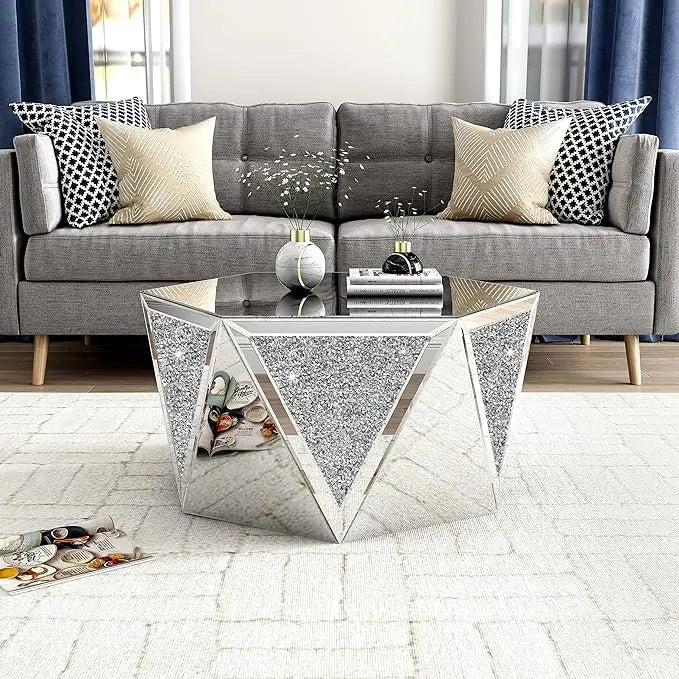 Drum Coffee Table Mirrored with Crystal Inlay, Hexagon Silver Accent Table, Modern Design Luxury Contemporary Furniture, 31.5‘’ Low Coffee Table for Living Room Fully Assembled - LeafyLoom