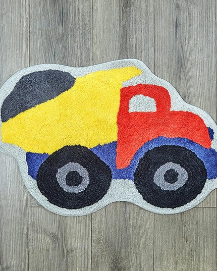 Hand Tufted Construction Dump Truck Bedroom or Bathroom Rug - 30x20 in; 100% Cotton Kids Bathroom Mat; Decorative Kids Area Rug - LeafyLoom