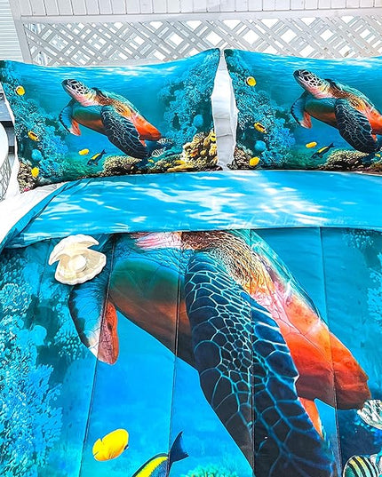 CVHOUSE Sea Turtle Bedding Set,Sea Turtle Comforter Queen,Ocean Beach Comforter Set for Boys Kids Girls,Ocean Quilt Set with 1 Comforter and 2 Pillow Cases - LeafyLoom
