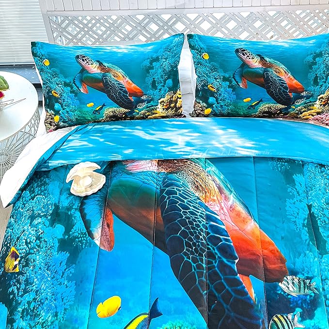 CVHOUSE Sea Turtle Bedding Set,Sea Turtle Comforter Queen,Ocean Beach Comforter Set for Boys Kids Girls,Ocean Quilt Set with 1 Comforter and 2 Pillow Cases - LeafyLoom