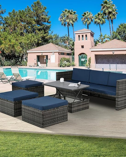 Modular Rattan Outdoor Sectional Furniture, Wicker Conversation Patio Sets with Plywood Coffee Table and Lounger Sofa for Backyard, Db-Navy Blue - LeafyLoom