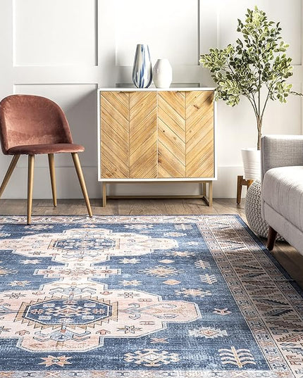 nuLOOM Norma Machine Washable Traditional Medallion Ultra Thin Area Rug, 6' x 9', Blue - LeafyLoom