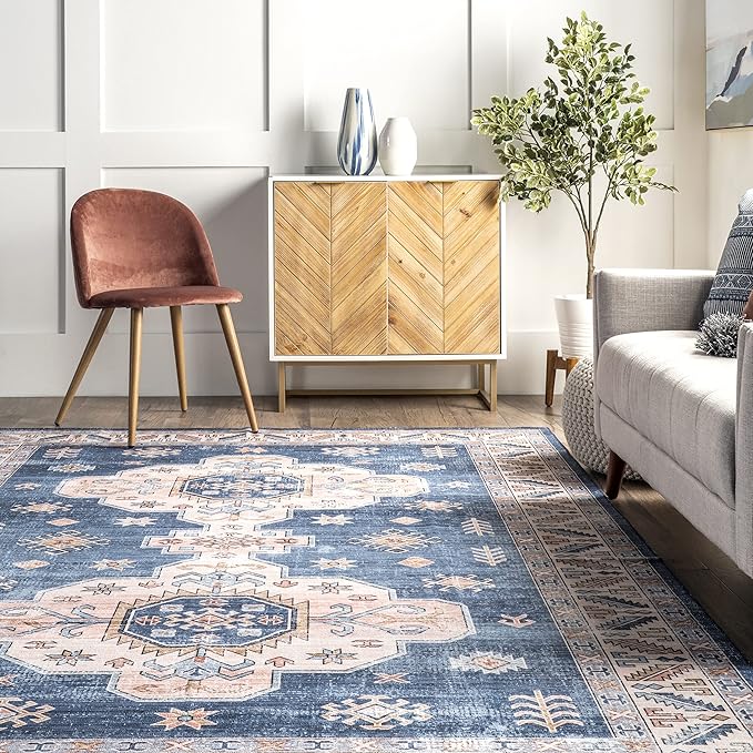 nuLOOM Norma Machine Washable Traditional Medallion Ultra Thin Area Rug, 6' x 9', Blue - LeafyLoom