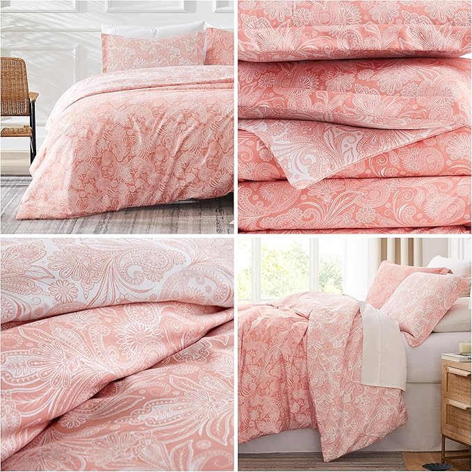 Southshore Fine Living, Inc. Oversized Full/Queen Comforter Set, Down Alternative Paisley Bedspread, Reversible Print is 2 Colors in 1, Queen/Full Comforter & Matching Shams, Coral/White - LeafyLoom