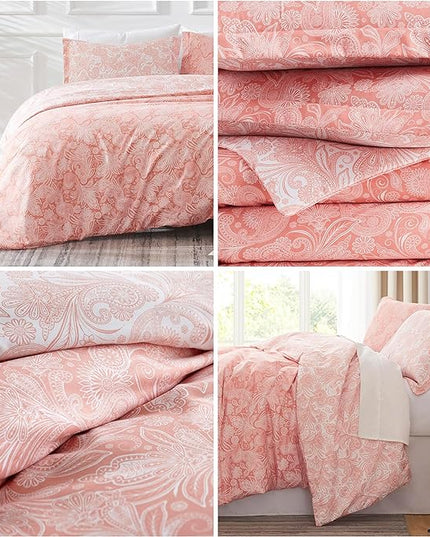 Southshore Fine Living, Inc. Oversized King Comforter Bedding Set, Down Alternative Paisley Bedspread, Reversible Print is 2 Colors in 1, King/Cal King Comforter & Matching Shams, Coral/White - LeafyLoom