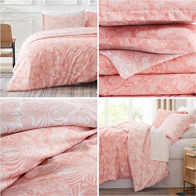 Southshore Fine Living, Inc. Oversized King Comforter Bedding Set, Down Alternative Paisley Bedspread, Reversible Print is 2 Colors in 1, King/Cal King Comforter & Matching Shams, Coral/White - LeafyLoom