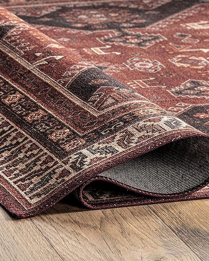 nuLOOM Kathryn Machine Washable Traditional Rustic Ultra Thin Area Rug, 8' x 10', Red - LeafyLoom