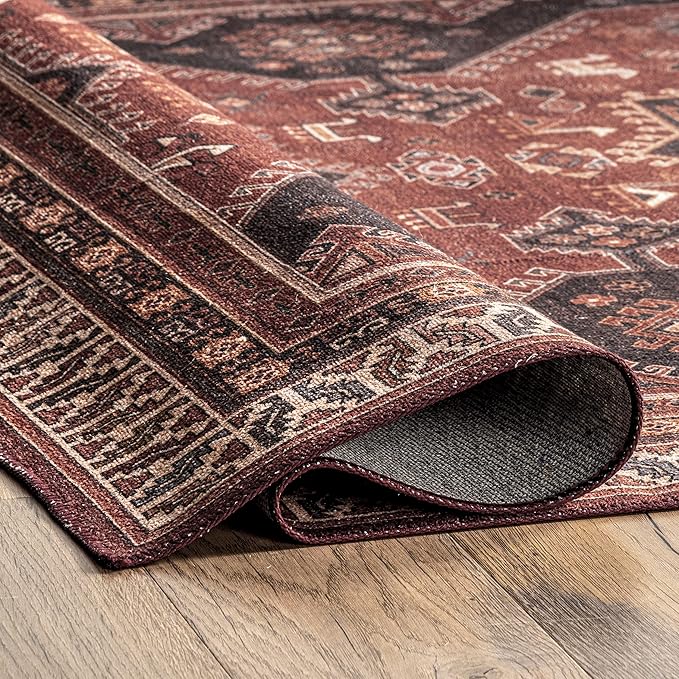 nuLOOM Kathryn Machine Washable Traditional Rustic Ultra Thin Area Rug, 8' x 10', Red - LeafyLoom