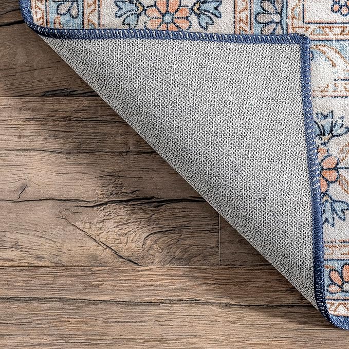 nuLOOM Ren Vintage Floral Machine Washable Ultra Thin Area Rug, 8x10, Blue - LeafyLoom