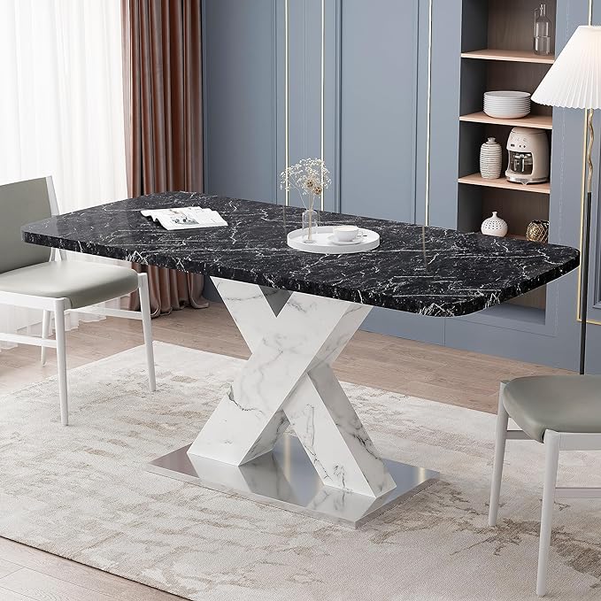 NicBex 62.99Inch Expandable Dining Table,Modern Kitchen Table with Black Marble Tabletop and MDF White X-Shape Legs for 6 to 8,Large Dining Room Table for Kitchen,Meeting Living Room,Black+White - LeafyLoom