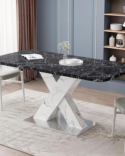 NicBex Dining Table Contemporary Kitchen Table Farmhouse Rustic Square Dining Table,Stretchable, Printed Black Marble Table Top+MDF White X-Shape Table Leg with Metal Base, Easy Assembly, Black+White - LeafyLoom