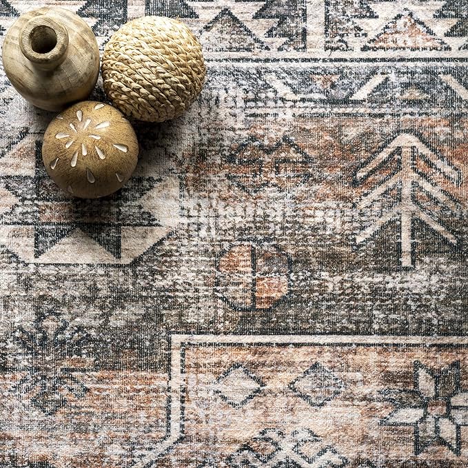nuLOOM 2x8 Machine Washable Rain Haven Vintage Medallion Area Rug, Rust, Traditional Faded Design, Non-Slip Backing, Stain Resistant, For Bedroom, Dining Room, Living Room, Kitchen - LeafyLoom