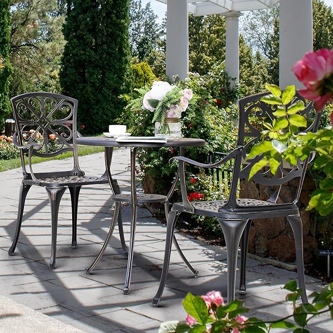NUU GARDEN Bistro Set 3 Piece Outdoor All Weather Cast Aluminum Patio Bistro Set Patio Table and Chairs Set of 2 with Umbrella Hole for Backyard, Balcony, Front Porch, Lawn, Pool, Bronzer - LeafyLoom