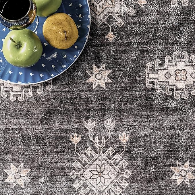 nuLOOM Mollie Machine Washable Traditional Border Ultra Thin Area Rug, 4x6, Charcoal - LeafyLoom
