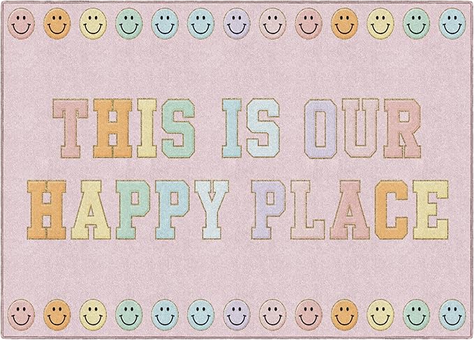 Flagship Carpets Schoolgirl Style This is Our Happy Place on Pink Educational Area Rug for Kids Room Seating Décor, Children's Classroom, Play Carpet for Teaching and Playroom, 5' x 7'6" - LeafyLoom