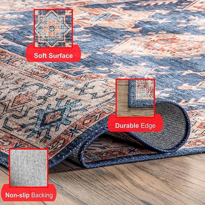nuLOOM Finley Machine Washable Vintage Distressed Ultra Thin Area Rug, 3' x 5', Navy - LeafyLoom