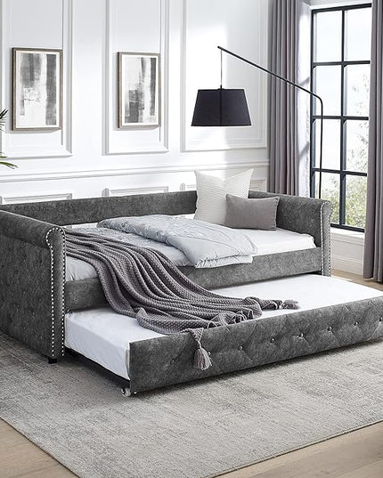 Upholstered Twin Size Daybed with Twin Trundle, Solid Wooden Sofa Bed Frame w/Button Tufted and Copper Nail on Square Arms, No Spring Box Need，Grey - LeafyLoom