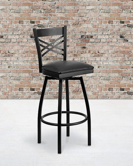 Flash Furniture 2 Pack Hercules Series Black ''X'' Back Metal Restaurant Chair - Black Vinyl Seat & Hercules Series Black ''X'' Back Swivel Metal Barstool - Black Vinyl Seat - LeafyLoom