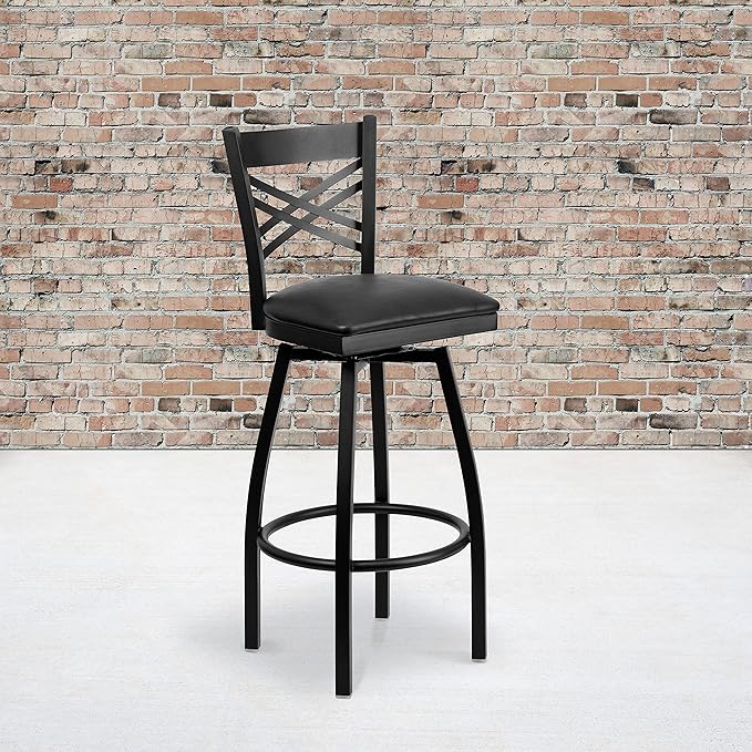 Flash Furniture 2 Pack Hercules Series Black ''X'' Back Metal Restaurant Chair - Black Vinyl Seat & Hercules Series Black ''X'' Back Swivel Metal Barstool - Black Vinyl Seat - LeafyLoom
