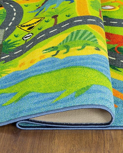 KC Cubs Playtime Collection Dinosaur Dino Safari Road Map Educational Learning & Game Area Rug Carpet for Kids and Children Bedrooms and Playroom (8'2" x 9'10") - LeafyLoom