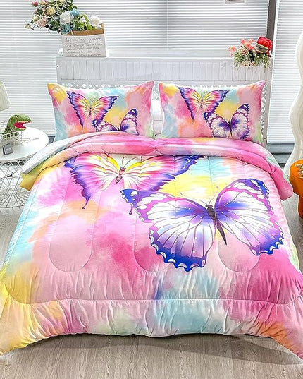 CVHOUSE Butterfly Bedding Set,Butterfly Comforter Full,Butterfly Comforter Set for Girls Kids Teens,Butterflies Quilt Set with 1 Comforter and 2 Pillow Cases - LeafyLoom