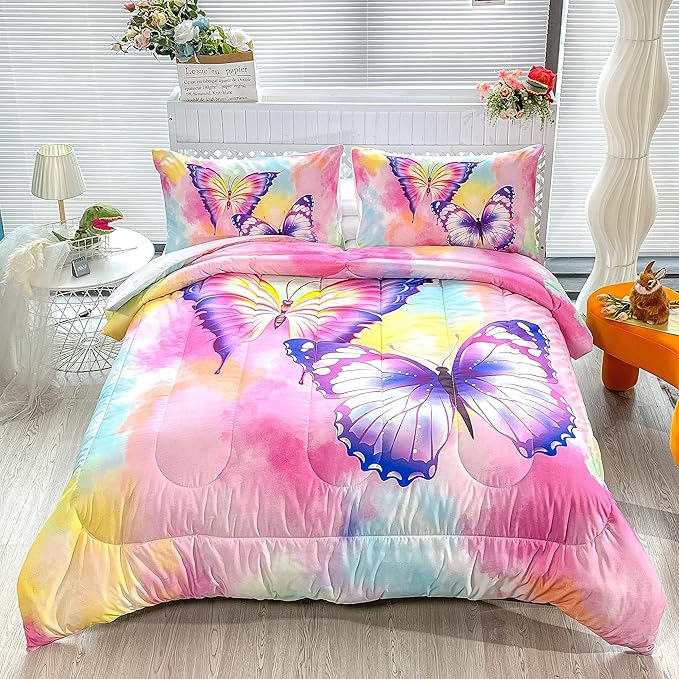 CVHOUSE Butterfly Bedding Set,Butterfly Comforter King,Butterfly Comforter Set for Girls Kids Teens,Butterflies Quilt Set with 1 Comforter and 2 Pillow Cases - LeafyLoom
