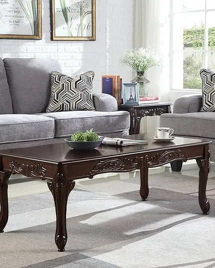 Roundhill Furniture Traditional Ornate Detailing Wood Coffee Table, Dark Cherry - LeafyLoom