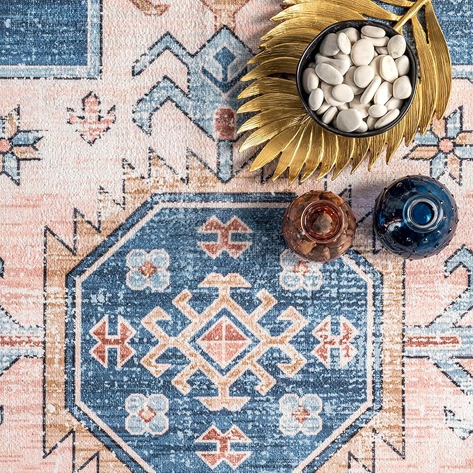 nuLOOM Norma Machine Washable Traditional Medallion Ultra Thin Area Rug, 6' x 9', Blue - LeafyLoom