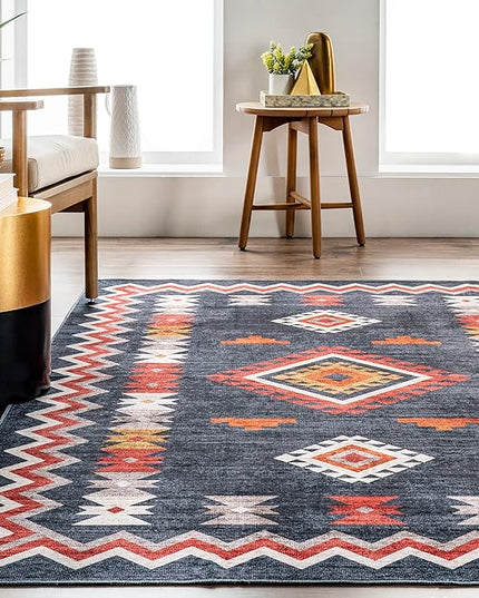nuLOOM Jayde Machine Washable Southwestern Diamond Ultra Thin Area Rug, 5x8, Navy - LeafyLoom