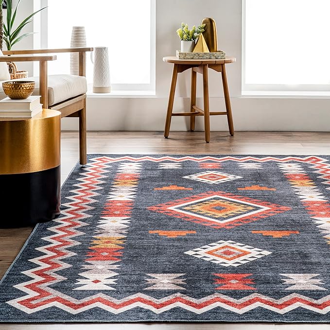 nuLOOM Jayde Machine Washable Southwestern Diamond Ultra Thin Area Rug, 5x8, Navy - LeafyLoom