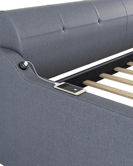 Upholstered Daybed with Pop Up Trundle, Twin Size Daybed with Trundle and USB Charging Ports, for Living Room Bedroom Guest Room, Gray - LeafyLoom