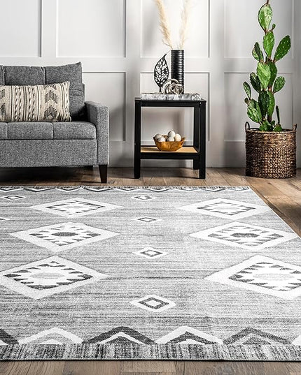 nuLOOM Arie Tribal Diamond Machine Washable Ultra Thin Area Rug, 5' x 8', Grey - LeafyLoom