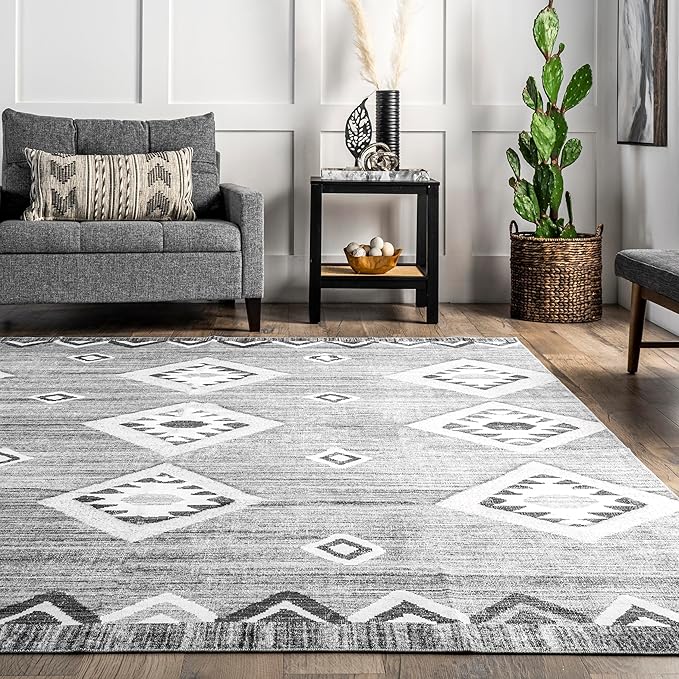 nuLOOM Arie Tribal Diamond Machine Washable Ultra Thin Area Rug, 5' x 8', Grey - LeafyLoom