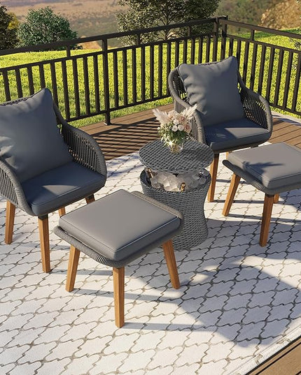 5-Pieces Outdoor Furniture Bistro Set with Wicker Cool Bar Table, Rope Weaving Patio Chairs and Ottomans for Porch Backyard Balcony Poolside, Onesize, Grey - LeafyLoom