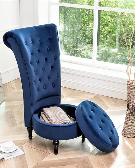 Royal High-Back Velvet Accent Chair for Vanity with Storage and Luxurious Upholstery, Retro Design and Versatile Usage for Living Room, Bedroom, Lounge and Office, Dark Blue - LeafyLoom