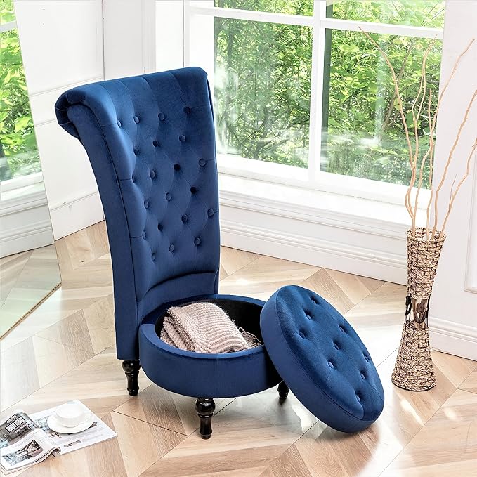 Royal High-Back Velvet Accent Chair for Vanity with Storage and Luxurious Upholstery, Retro Design and Versatile Usage for Living Room, Bedroom, Lounge and Office, Dark Blue - LeafyLoom