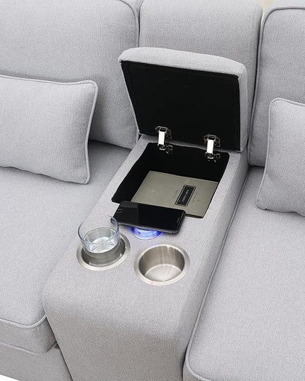 114" Modern Sofa, 4-seat Couch with Console, 2 Cupholders and 2 USB Ports Wired or Wirelessly Charged and 4 Pillows for Living Room, Apartment, 114.2inch, Light Gray - LeafyLoom