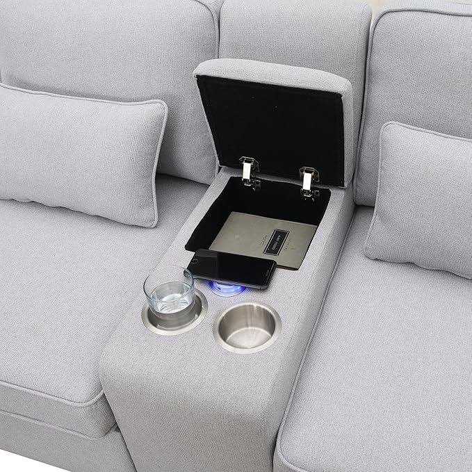 114" Modern Sofa, 4-seat Couch with Console, 2 Cupholders and 2 USB Ports Wired or Wirelessly Charged and 4 Pillows for Living Room, Apartment, 114.2inch, Light Gray - LeafyLoom