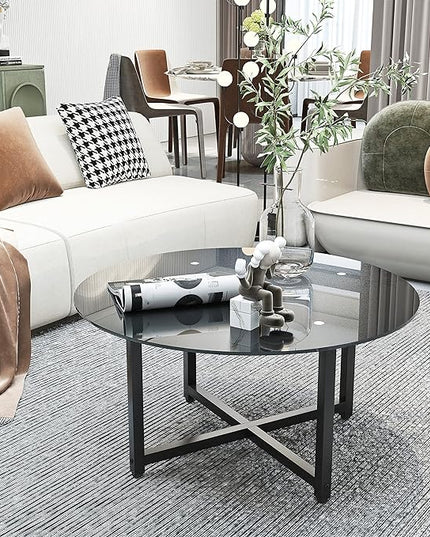 NicBex Coffee Table Modern Tempered Glass Coffee Table with Storage Round Center Tables with Metal Legs Dining Table for Living Room, Dining Room, Office, and Bedroom,35.44" W, Black - LeafyLoom