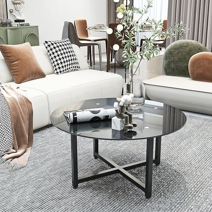 NicBex Coffee Table Modern Tempered Glass Coffee Table with Storage Round Center Tables with Metal Legs Dining Table for Living Room, Dining Room, Office, and Bedroom,35.44" W, Black - LeafyLoom