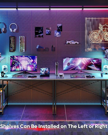 Bestier Gaming Desk with LED Lights, Computer Desk with 4 Tiers Reversible Shelves, 51.3 Inch Home Office Writing Desk with Side Storage Bag, Hooks and Height Adjustable Shelf (Retro Grey Oak) - LeafyLoom