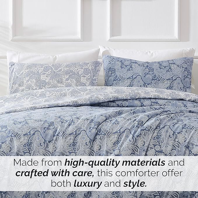 Southshore Fine Living, Inc. Oversized Twin Comforter Bedding Set, Down Alternative Paisley Bedspread, Reversible Print is 2 Colors in 1, Twin/Twin XL Comforter & Matching Sham, Blue/White - LeafyLoom