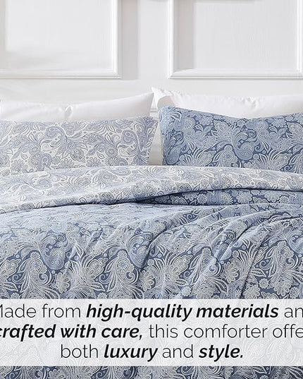 Southshore Fine Living, Inc. Oversized Full/Queen Comforter Set, Down Alternative Paisley Bedspread, Reversible Print is 2 Colors in 1, Queen/Full Comforter & Matching Shams, Blue/White - LeafyLoom