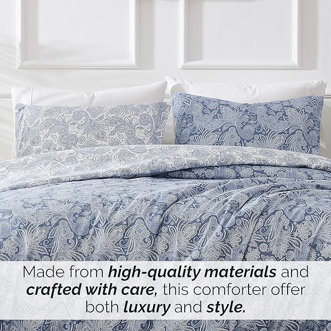 Southshore Fine Living, Inc. Oversized Full/Queen Comforter Set, Down Alternative Paisley Bedspread, Reversible Print is 2 Colors in 1, Queen/Full Comforter & Matching Shams, Blue/White - LeafyLoom
