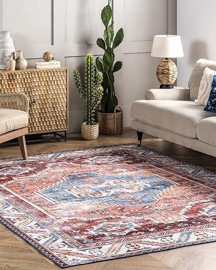 nuLOOM Marli Machine Washable Faded Medallion Ultra Thin Area Rug, 8x10, Rust - LeafyLoom