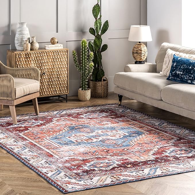 nuLOOM Marli Machine Washable Faded Medallion Ultra Thin Area Rug, 8x10, Rust - LeafyLoom