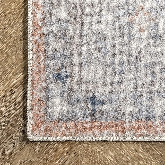 nuLOOM 2x12 Machine Washable Rain Haven Vintage Medallion Area Rug, Peach, Traditional Faded Design, Non-Slip Backing, Stain Resistant, For Bedroom, Dining Room, Living Room, Kitchen - LeafyLoom