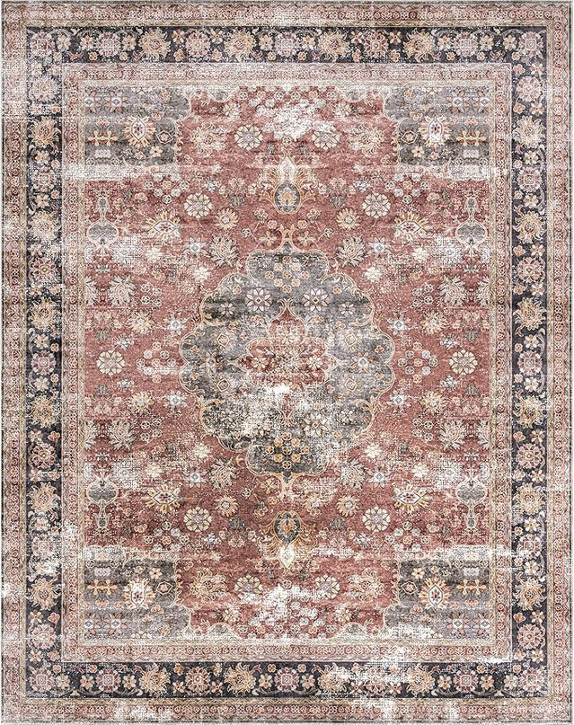nuLOOM Emelina Traditional Persian Machine Washable Ultra Thin Area Rug, 8' x 10', Red - LeafyLoom