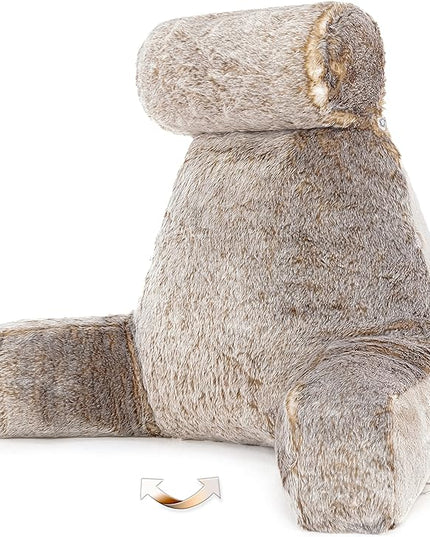 Husband Pillow XXL Ultra Rare Baby Chinchilla Backrest, Two-Tone Reversible Double Sided Fabulous Faux Fur Reading & Bed Rest Pillow with Arms & Neck Roll, Adjustable Memory Foam - Extremely Comfy - LeafyLoom