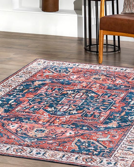 nuLOOM 8x10 Machine Washable Rain Haven Vintage Medallion Area Rug, Rust, Traditional Faded Design, Non-Slip Backing, Stain Resistant, For Bedroom, Dining Room, Living Room, Kitchen - LeafyLoom